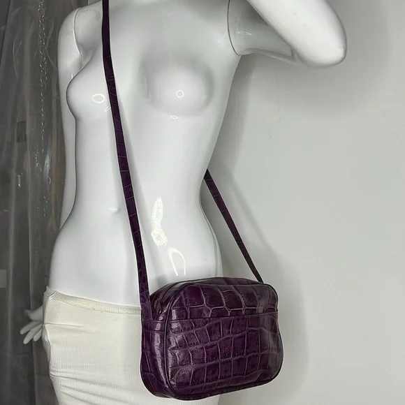 Purple Croc Embossed Leather Made in Italy Shoulder Crossbody Bag - Picture 2 of 14